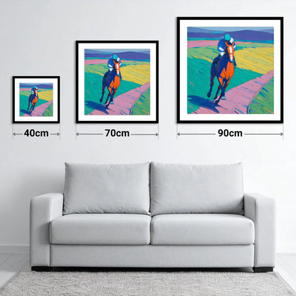 The Vivid Gallop - size guide showing 40cm, 70cm and 90cm art prints