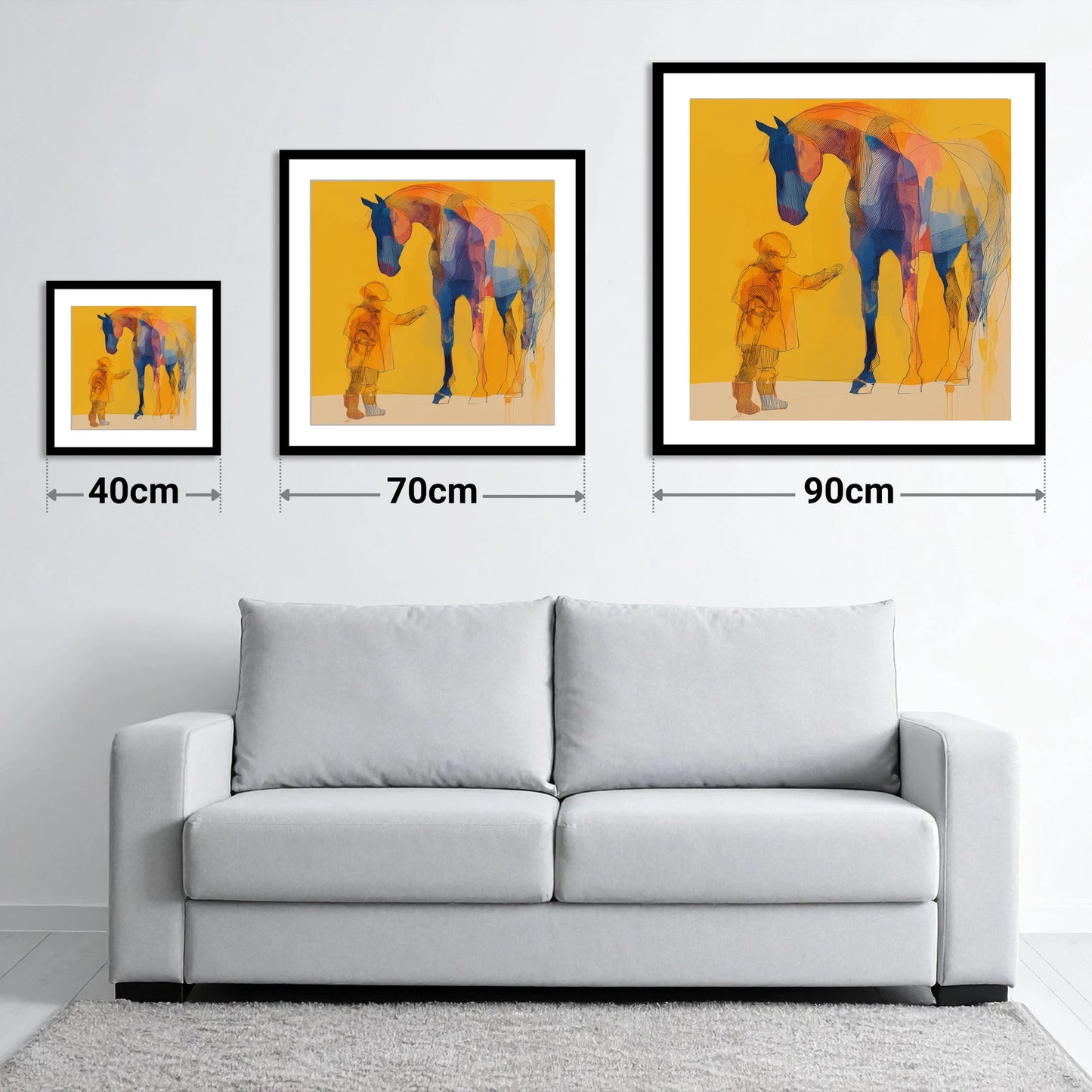 First Encounter in Gold - size guide showing 40cm, 70cm and 90cm art prints