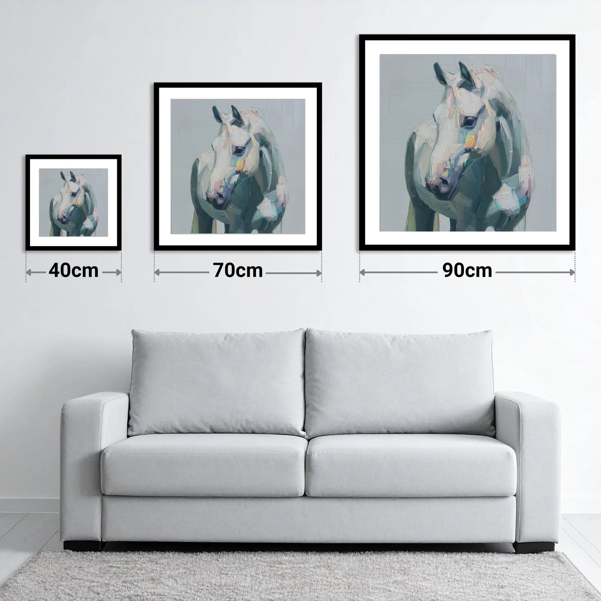 Serene Grey Portrait - size guide showing 40cm, 70cm and 90cm art prints