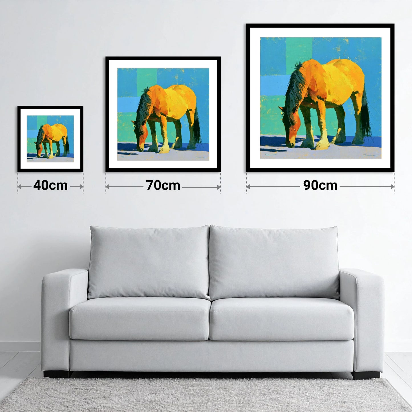 Vibrant Yellow Grazing Cob - size guide showing 40cm, 70cm and 90cm art prints