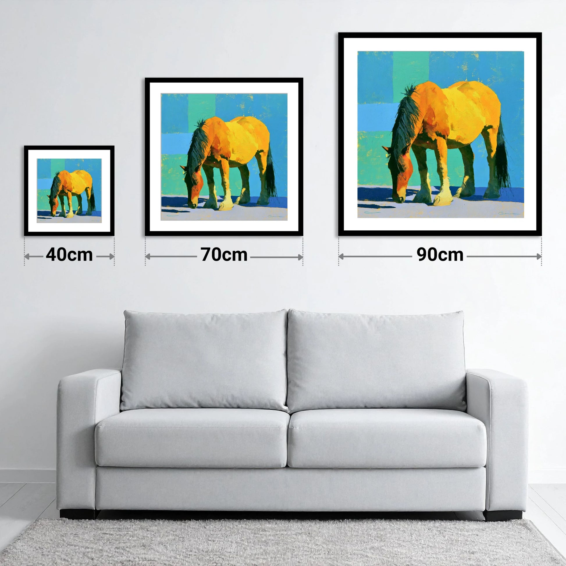 Vibrant Yellow Grazing Cob - size guide showing 40cm, 70cm and 90cm art prints