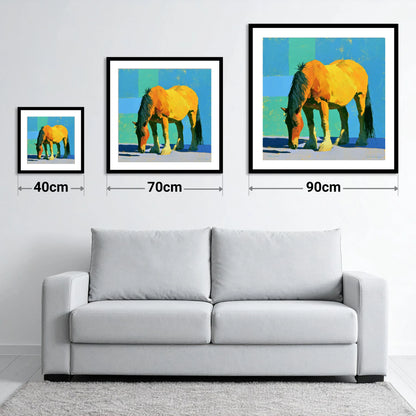 Vibrant Yellow Grazing Cob - size guide showing 40cm, 70cm and 90cm art prints