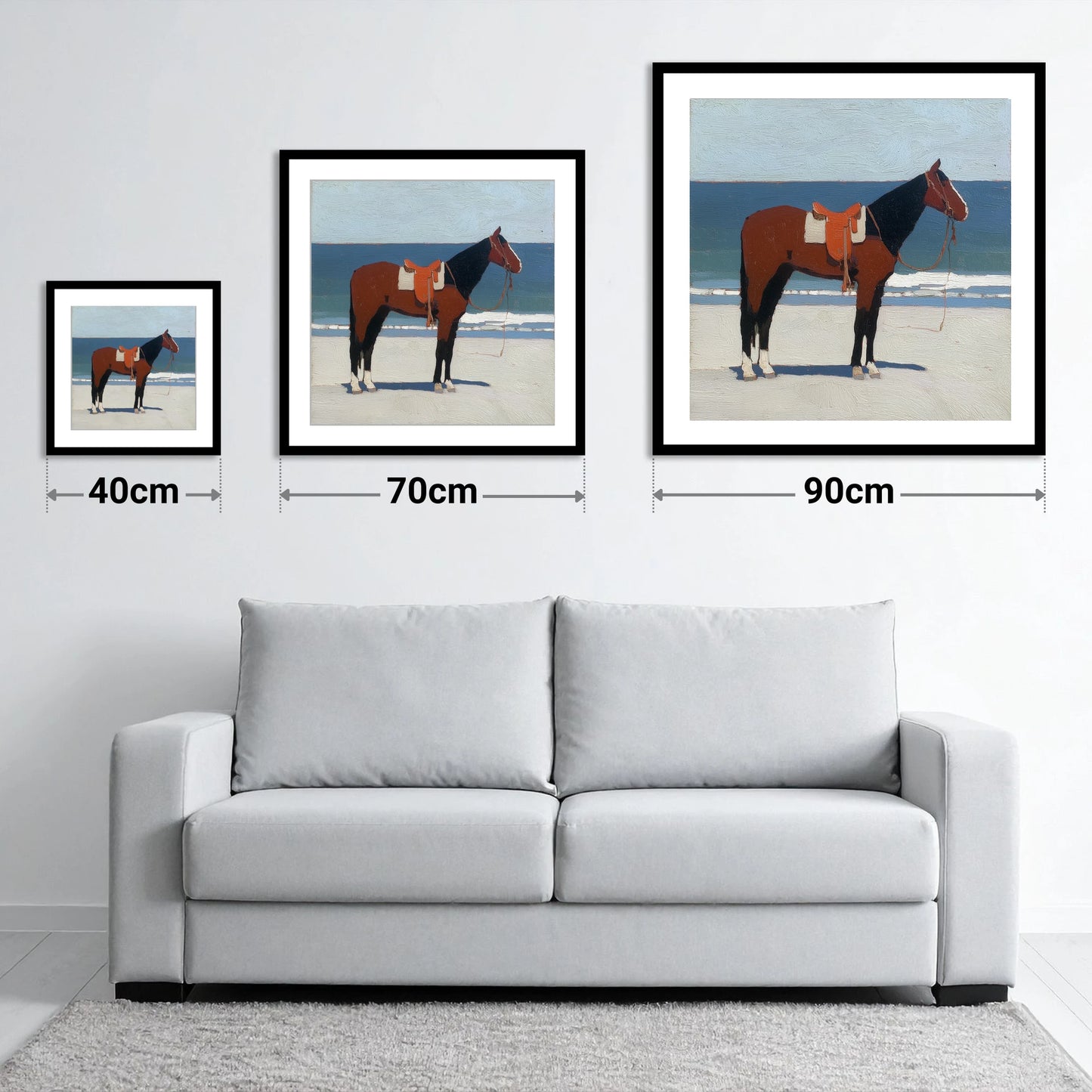 Waiting by the Tide - size guide showing 40cm, 70cm and 90cm art prints