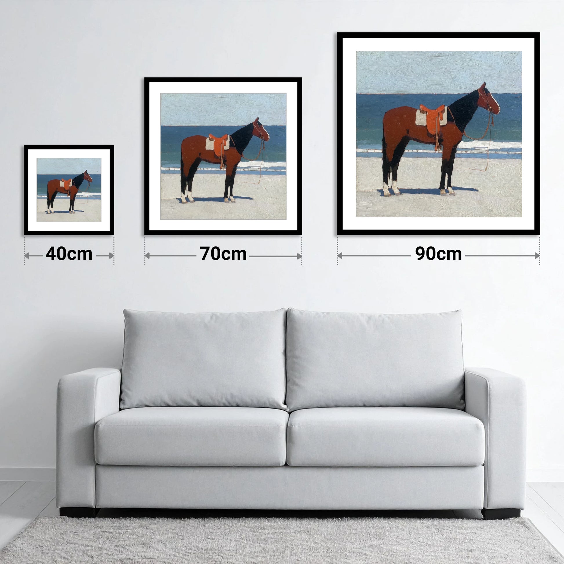 Waiting by the Tide - size guide showing 40cm, 70cm and 90cm art prints