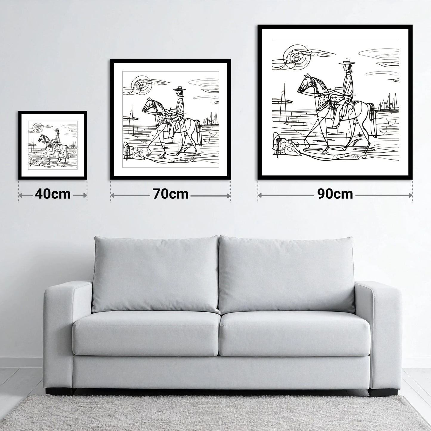 Abstract Coastal Ride - size guide showing 40cm, 70cm and 90cm art prints