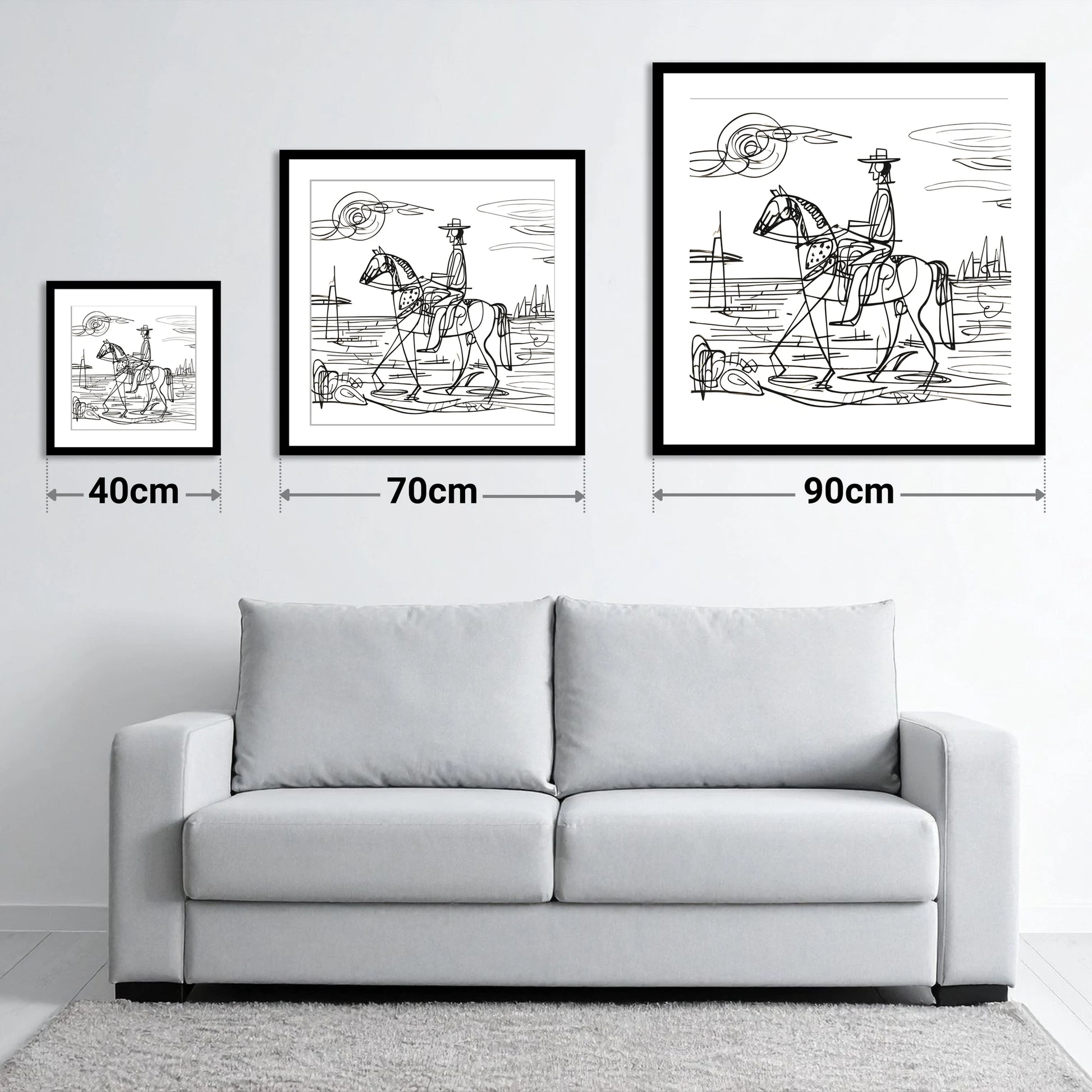 Abstract Coastal Ride - size guide showing 40cm, 70cm and 90cm art prints