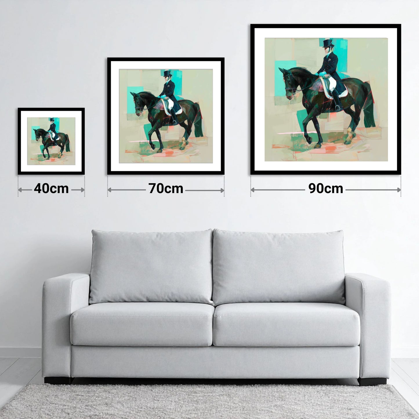 Contemporary Collection - size guide showing 40cm, 70cm and 90cm art prints