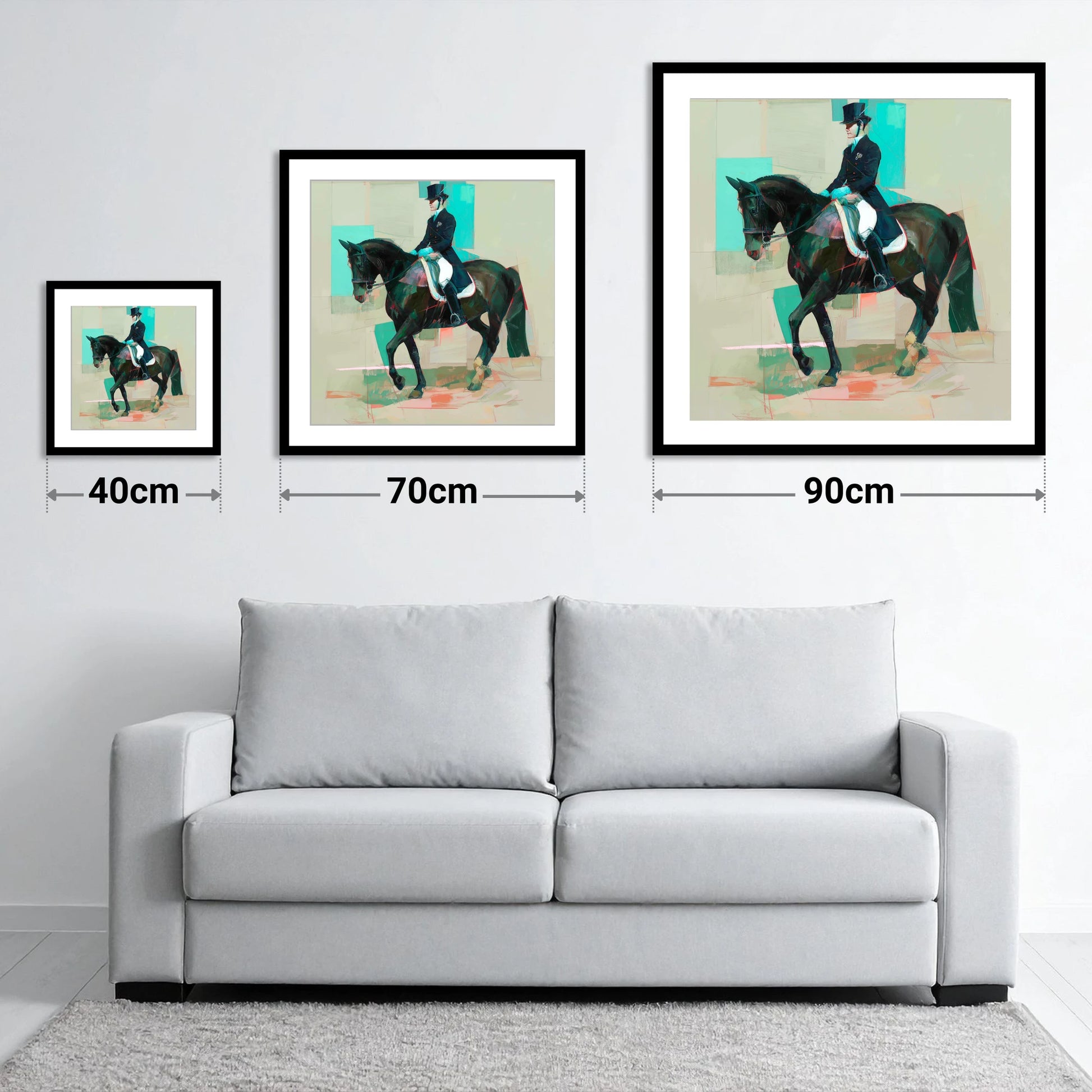 Contemporary Collection - size guide showing 40cm, 70cm and 90cm art prints