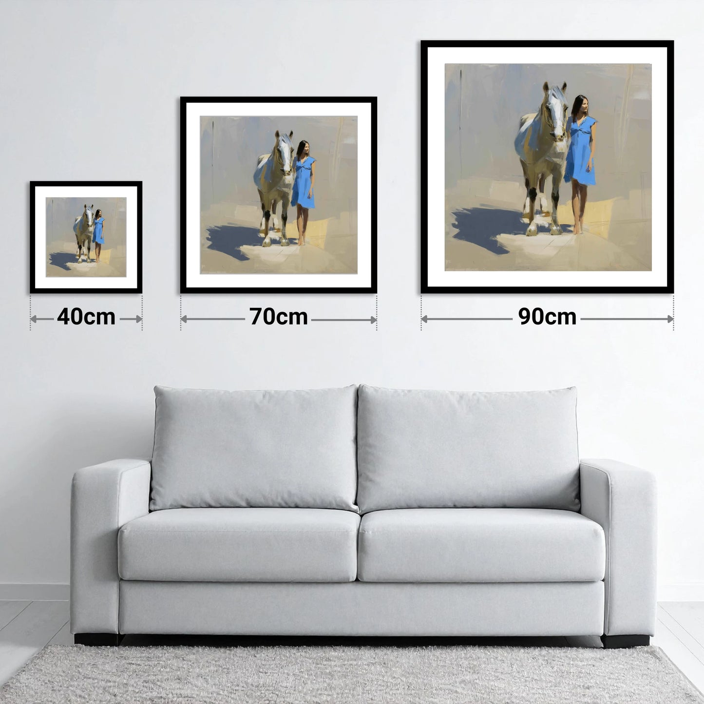 Sunlit Serenity - size guide showing 40cm, 70cm and 90cm art prints
