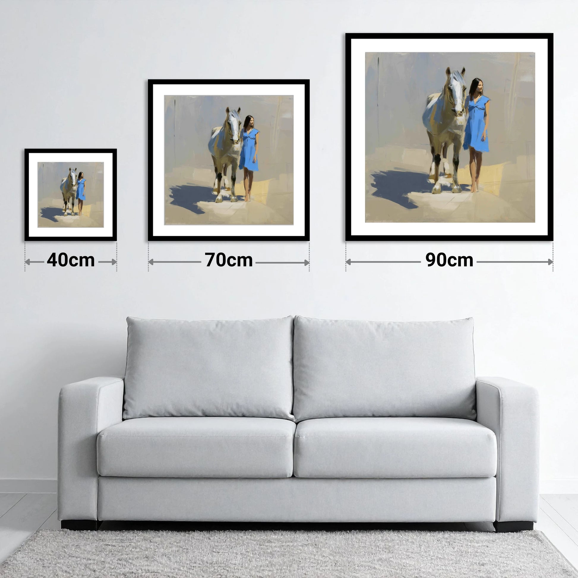 Sunlit Serenity - size guide showing 40cm, 70cm and 90cm art prints