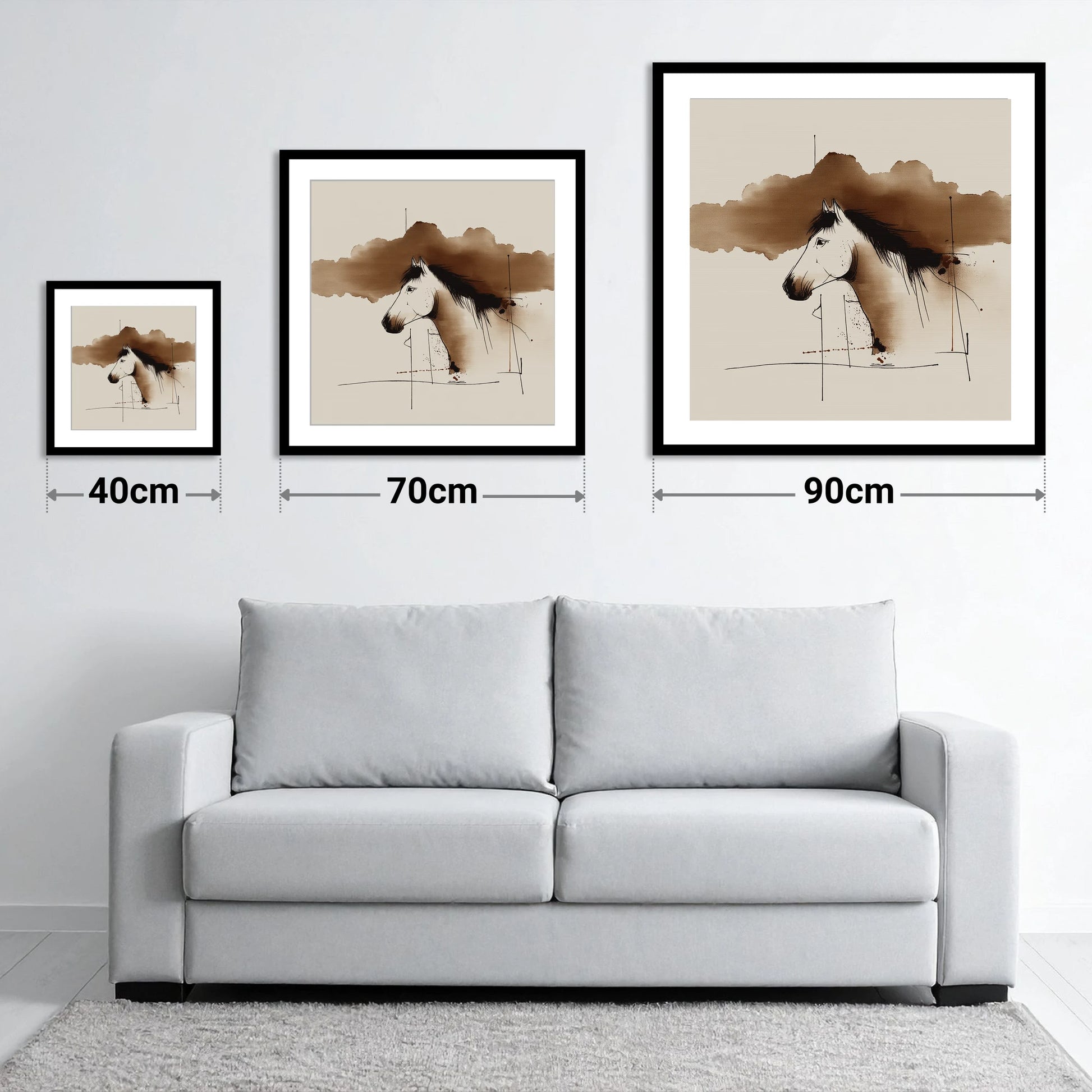 Abstract Sepia Equine Profile - size guide showing 40cm, 70cm and 90cm art prints