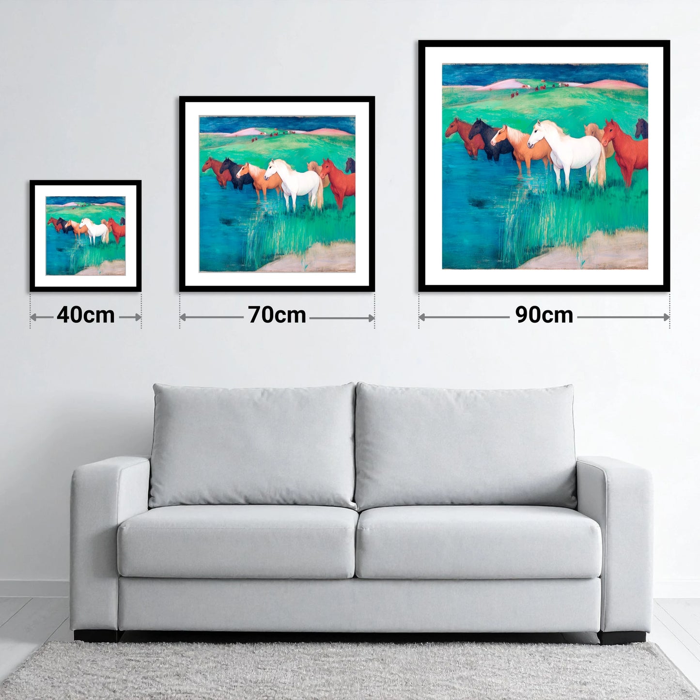 The Emerald Shallows - size guide showing 40cm, 70cm and 90cm art prints