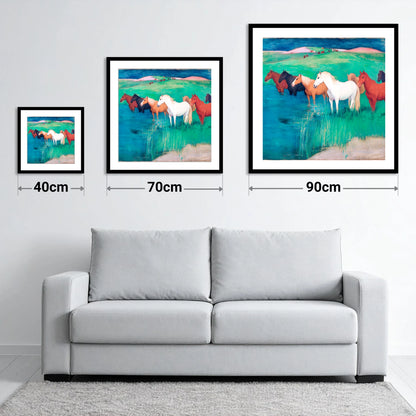 The Emerald Shallows - size guide showing 40cm, 70cm and 90cm art prints