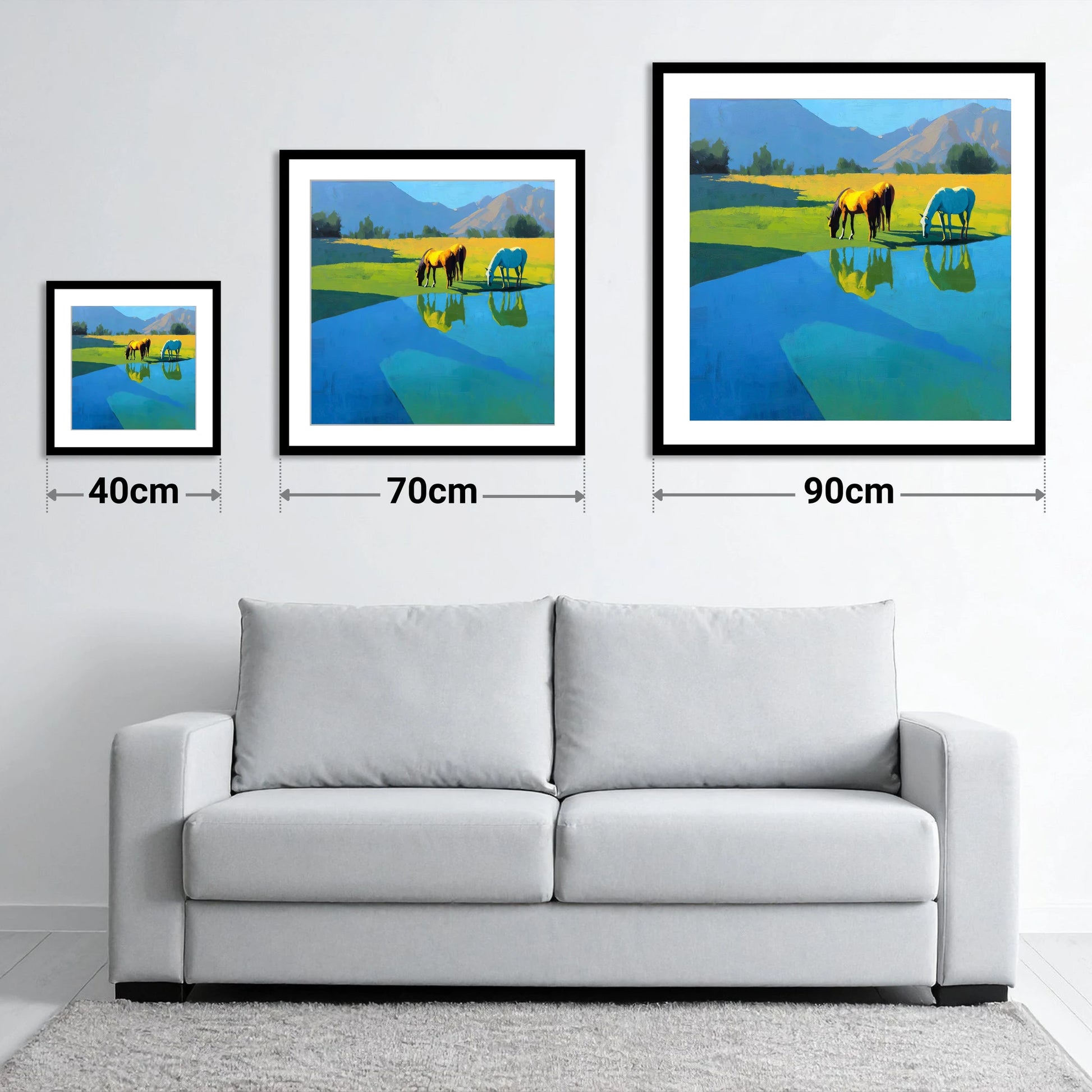 Sunlit Waterside Grazing - size guide showing 40cm, 70cm and 90cm art prints