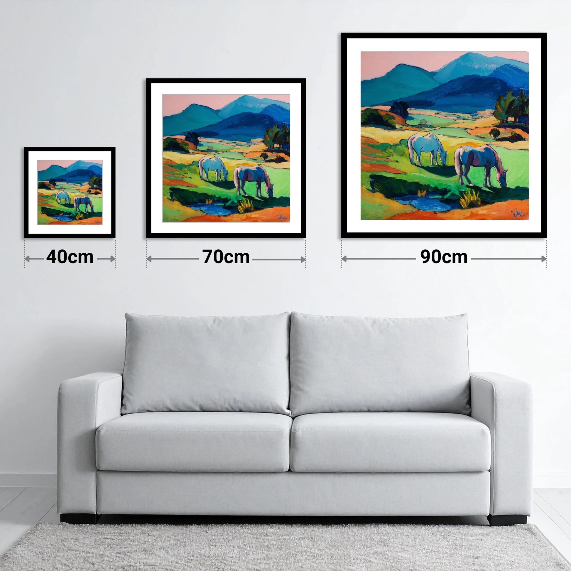 Painted Valley Grazing - size guide showing 40cm, 70cm and 90cm art prints