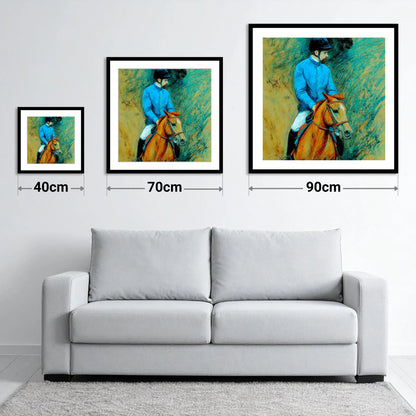 The Cerulean Jockey - size guide showing 40cm, 70cm and 90cm art prints
