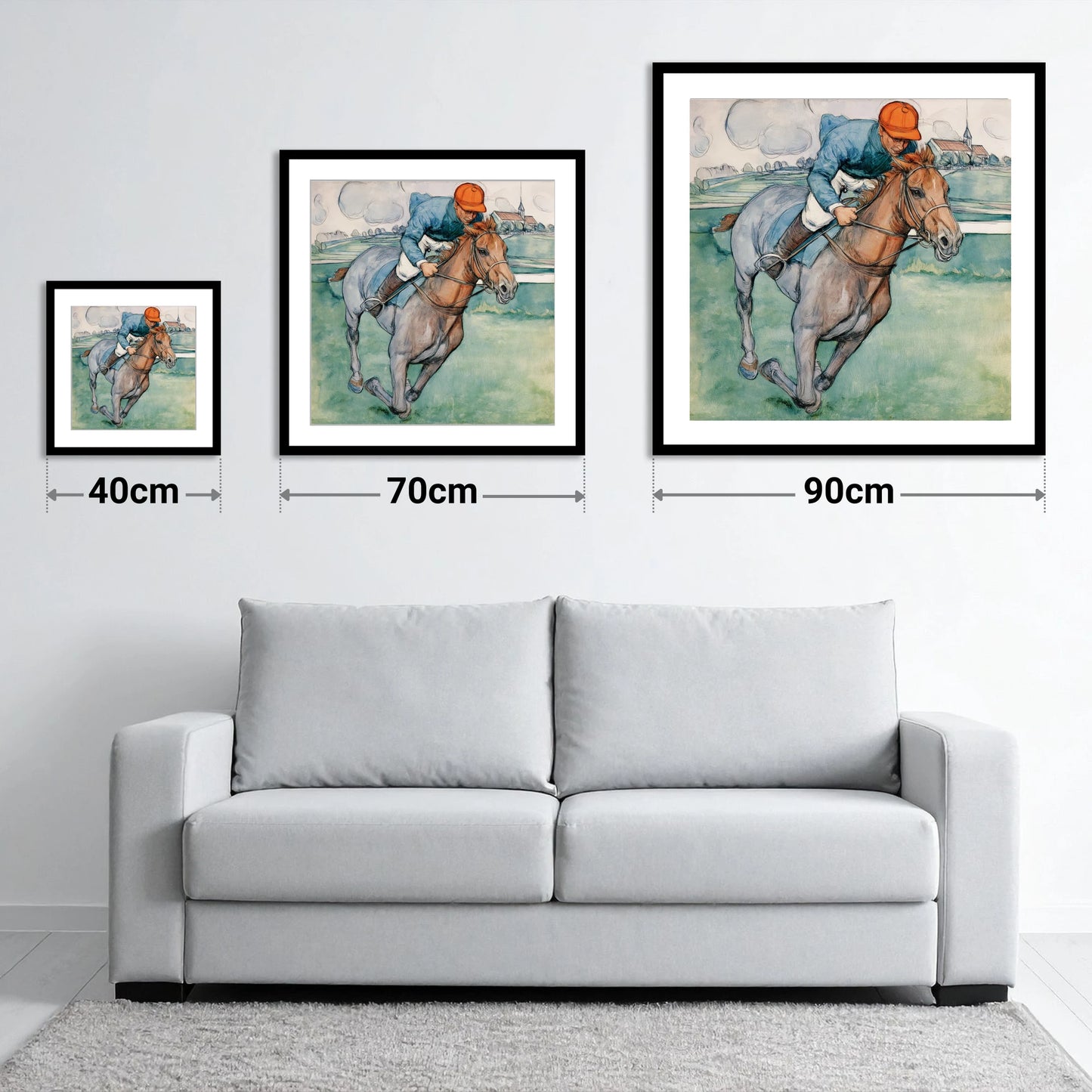 The Final Furlong - size guide showing 40cm, 70cm and 90cm art prints