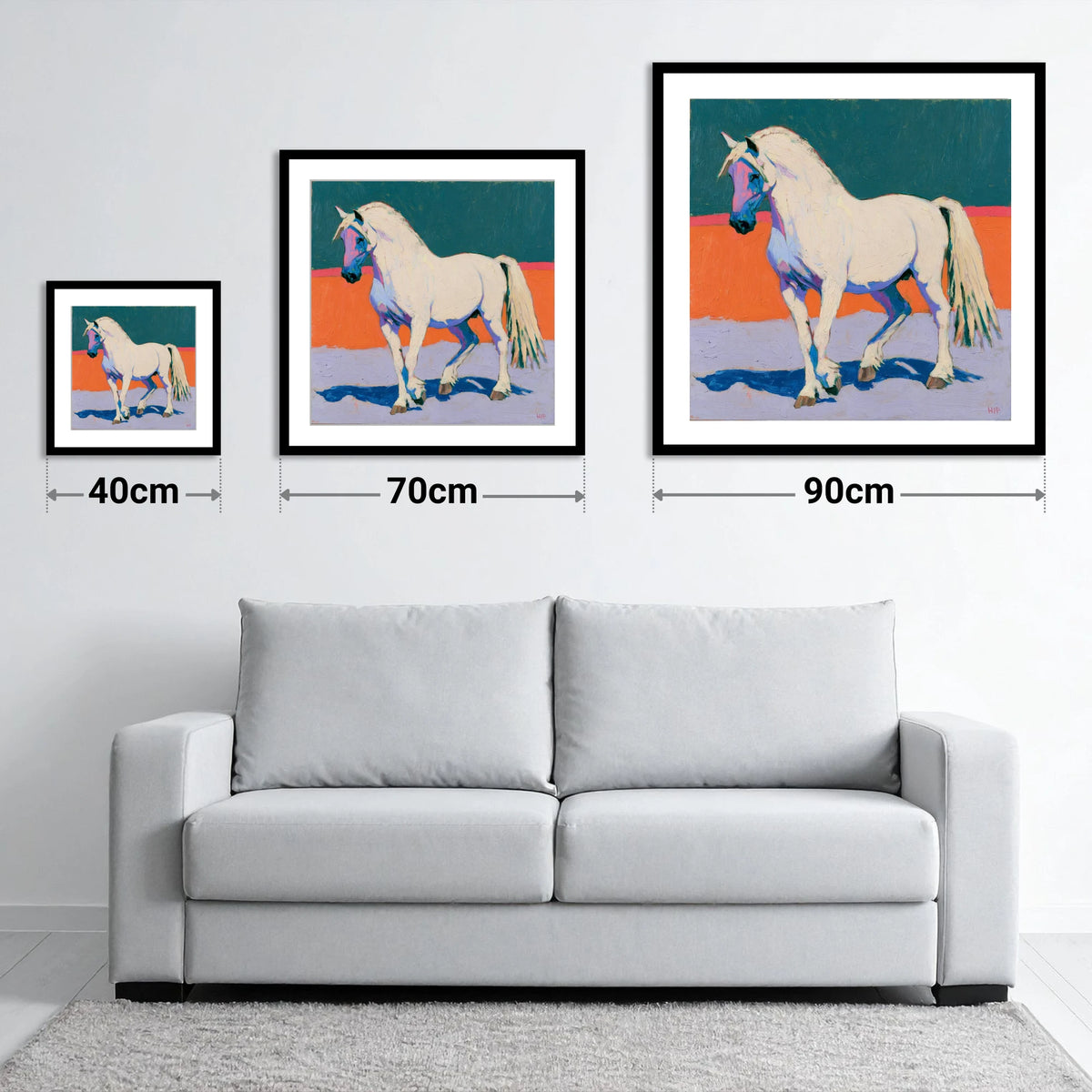 White Horse in Vivid Colours - size guide showing 40cm, 70cm and 90cm art prints