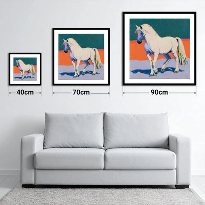 White Horse in Vivid Colours - size guide showing 40cm, 70cm and 90cm art prints