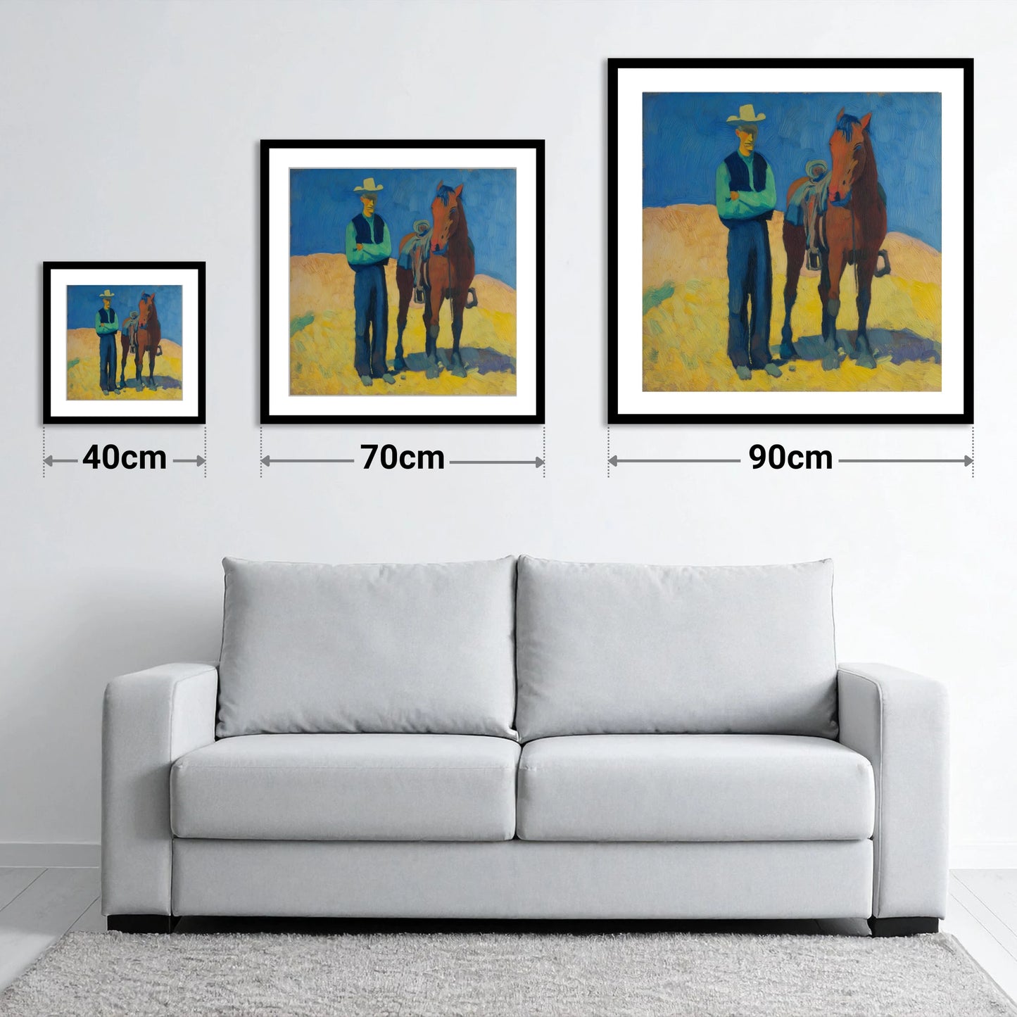 High Noon Shadows - size guide showing 40cm, 70cm and 90cm art prints