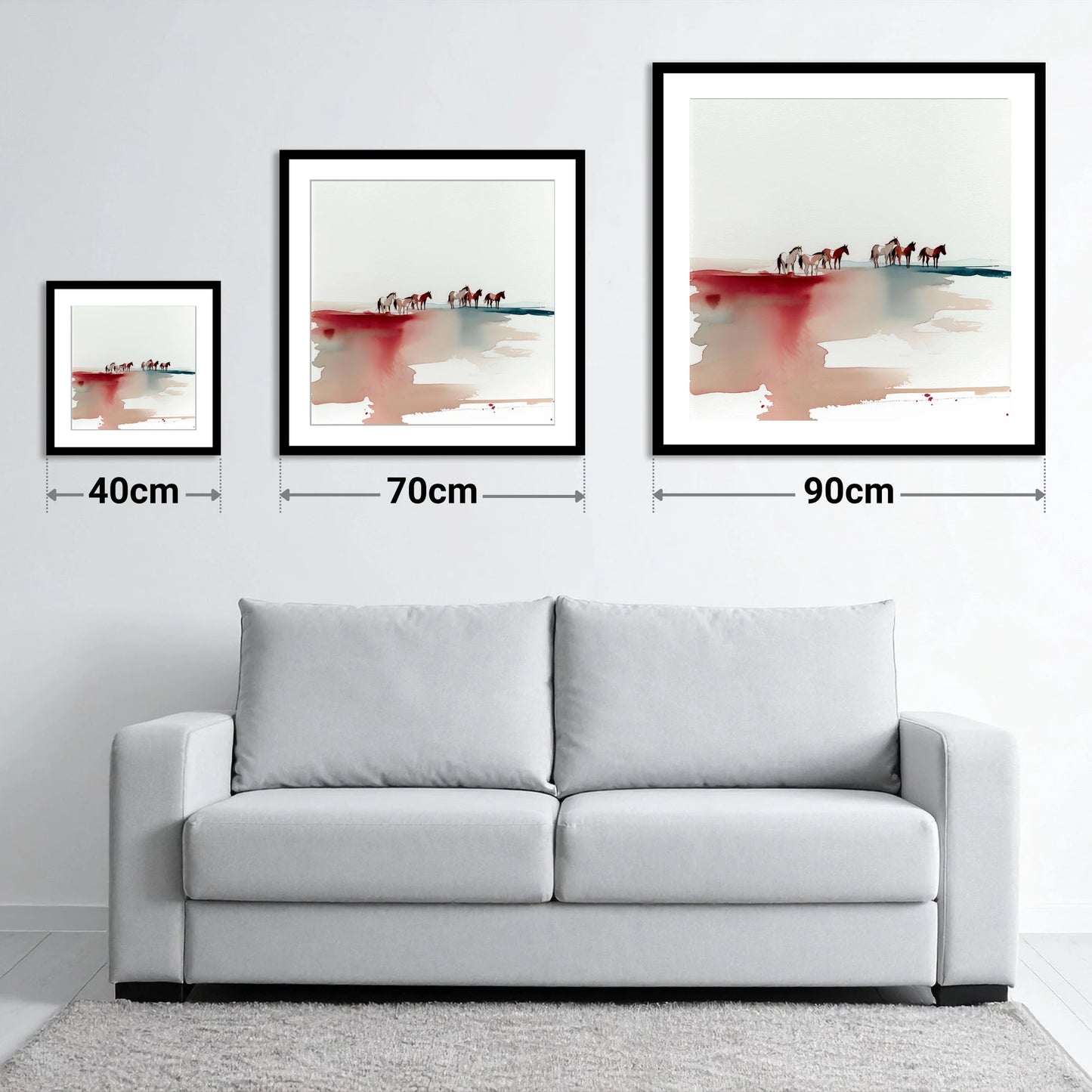 Crimson Horizon Herd - size guide showing 40cm, 70cm and 90cm art prints