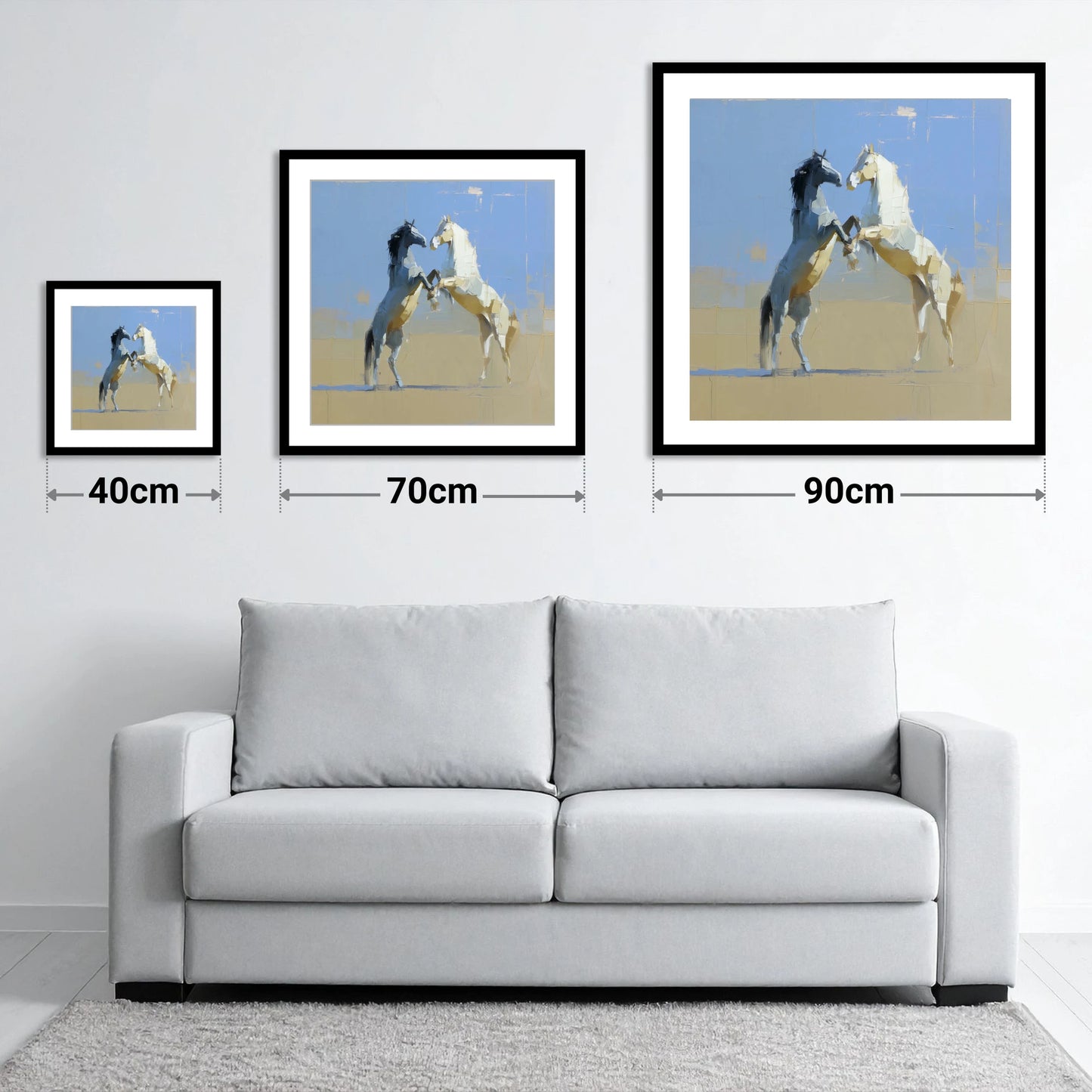Sunlit Sparring - size guide showing 40cm, 70cm and 90cm art prints