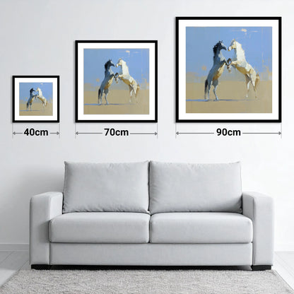 Sunlit Sparring - size guide showing 40cm, 70cm and 90cm art prints