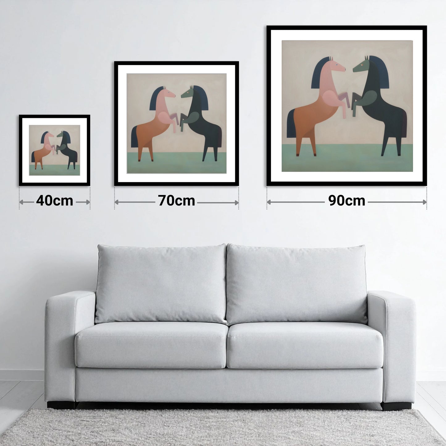 Symmetrical Equine Balance - size guide showing 40cm, 70cm and 90cm art prints