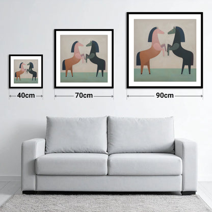 Symmetrical Equine Balance - size guide showing 40cm, 70cm and 90cm art prints