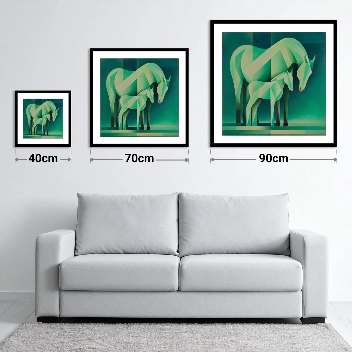 Verdant Harmony - size guide showing 40cm, 70cm and 90cm art prints