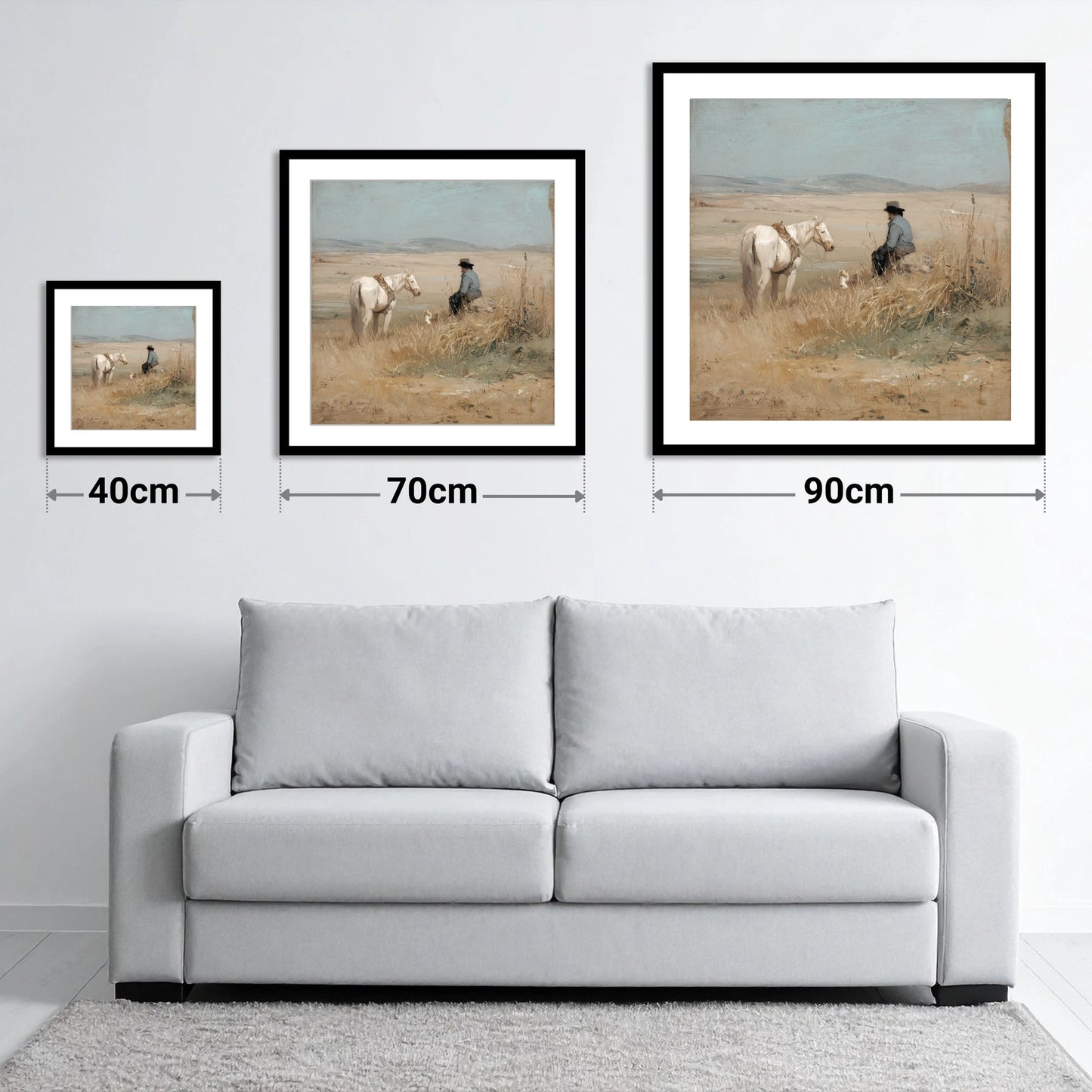 Vast Horizons - size guide showing 40cm, 70cm and 90cm art prints