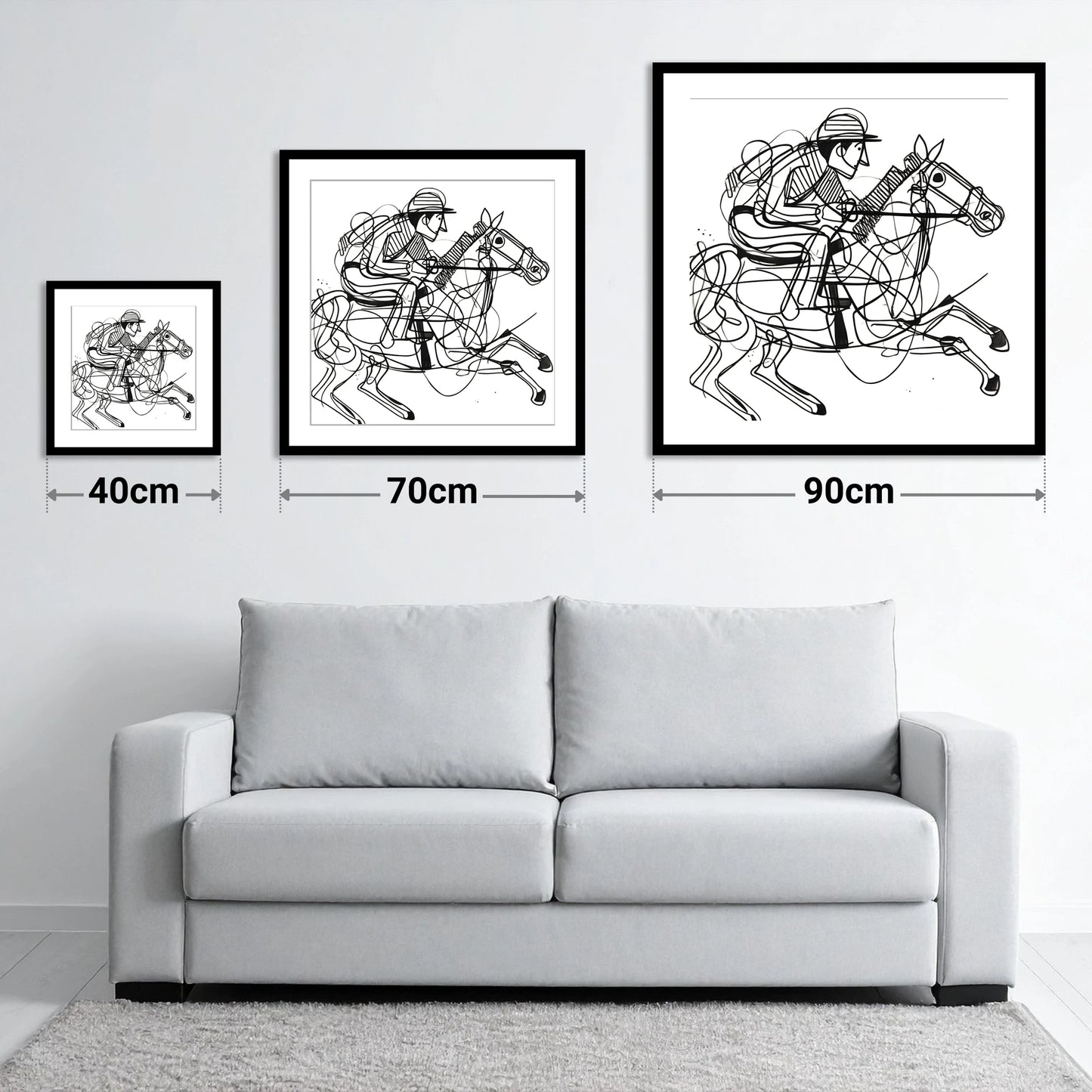 The Abstract Sprint - size guide showing 40cm, 70cm and 90cm art prints