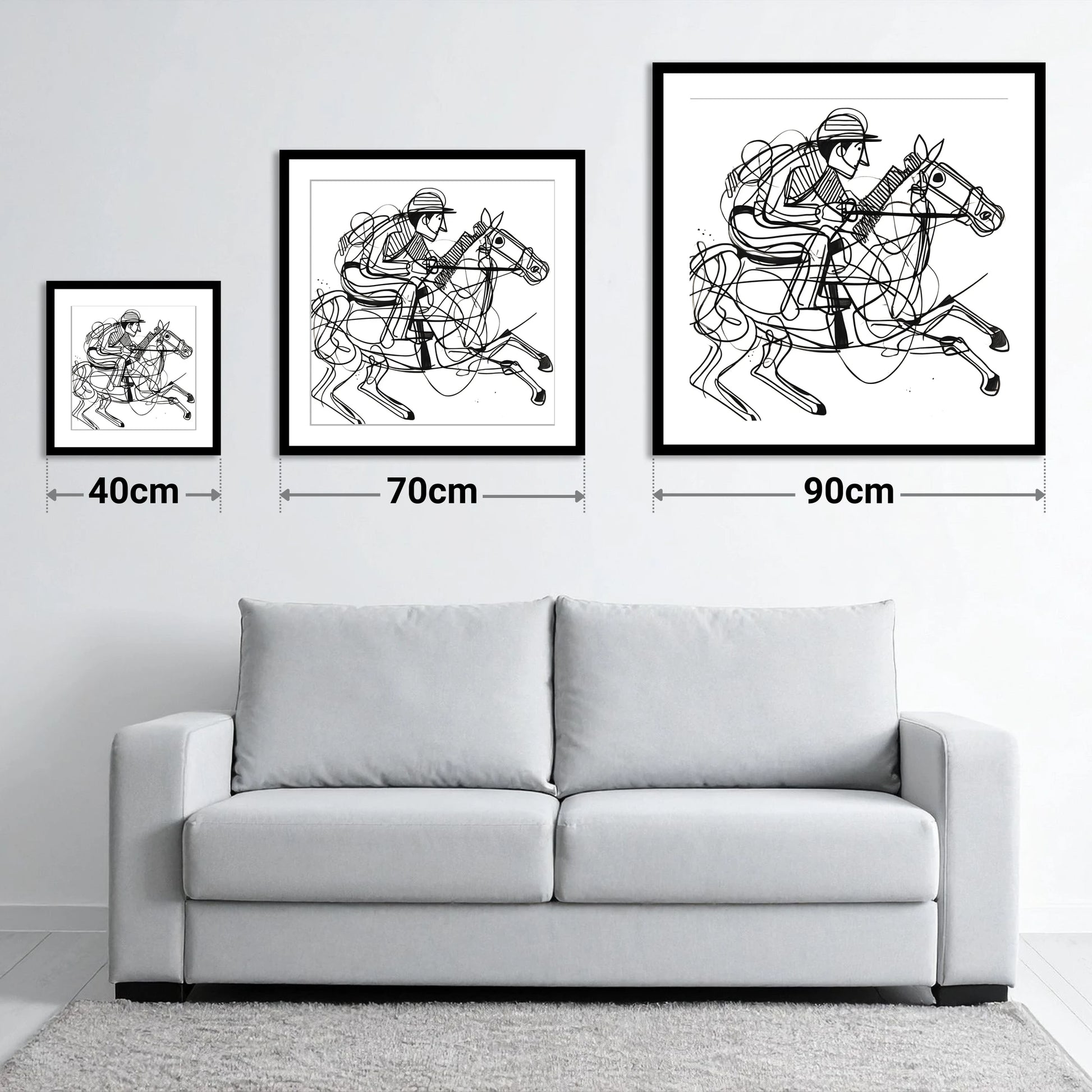 The Abstract Sprint - size guide showing 40cm, 70cm and 90cm art prints