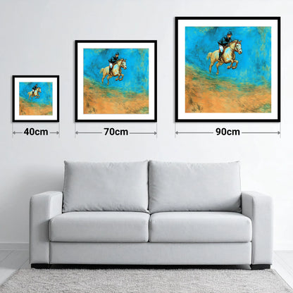 Flight in Cerulean - size guide showing 40cm, 70cm and 90cm art prints
