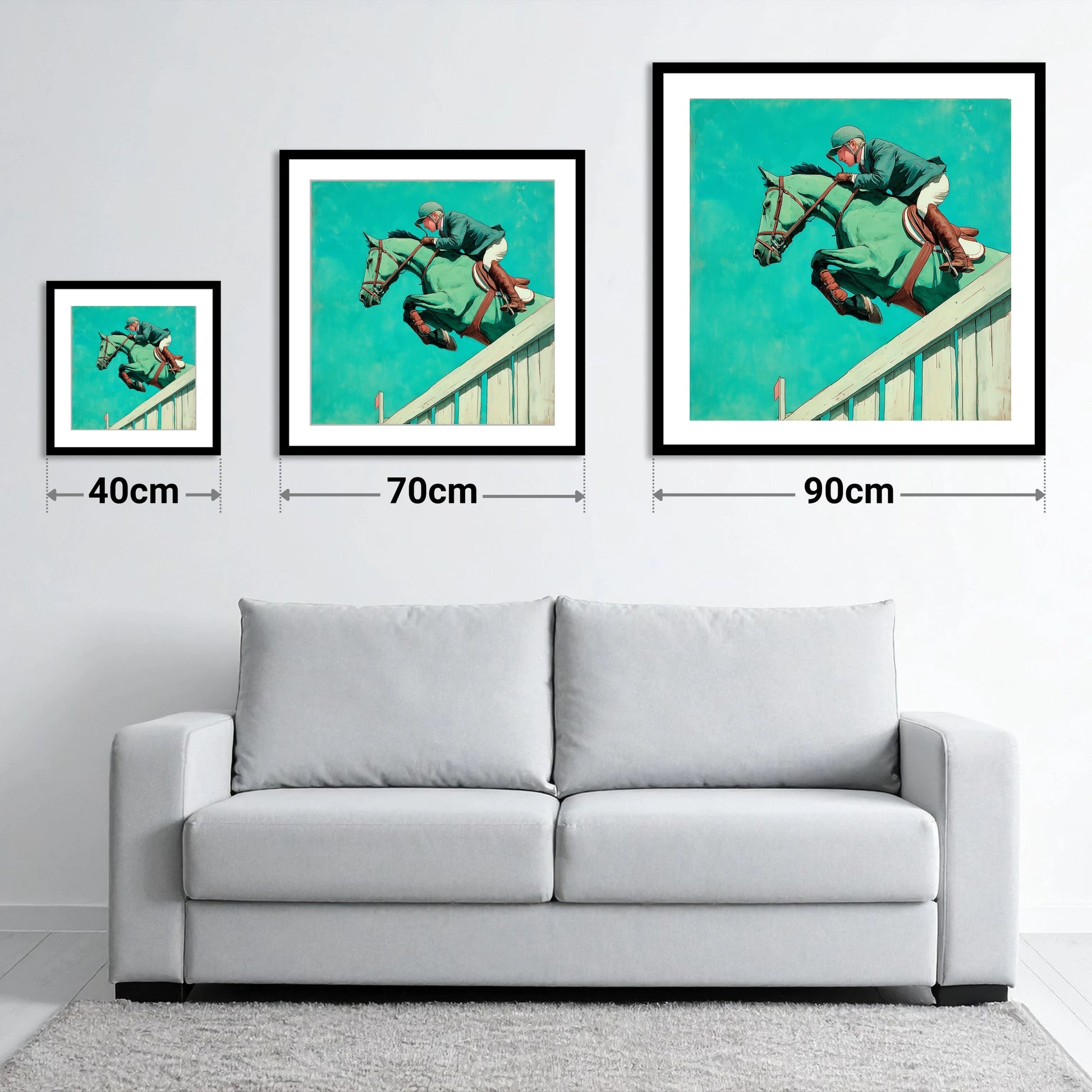 Teal Showjumper - size guide showing 40cm, 70cm and 90cm art prints