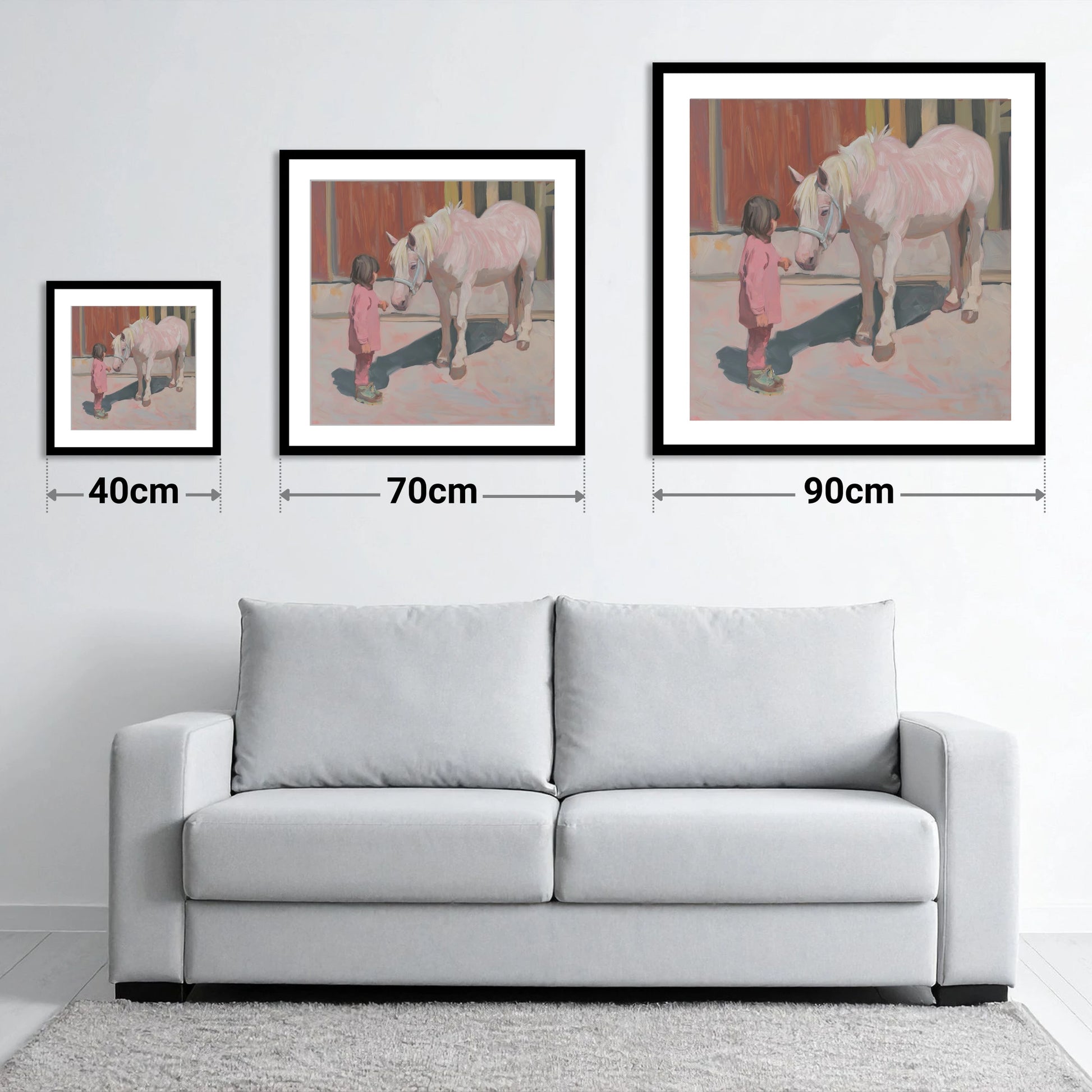 A Quiet Connection - size guide showing 40cm, 70cm and 90cm art prints