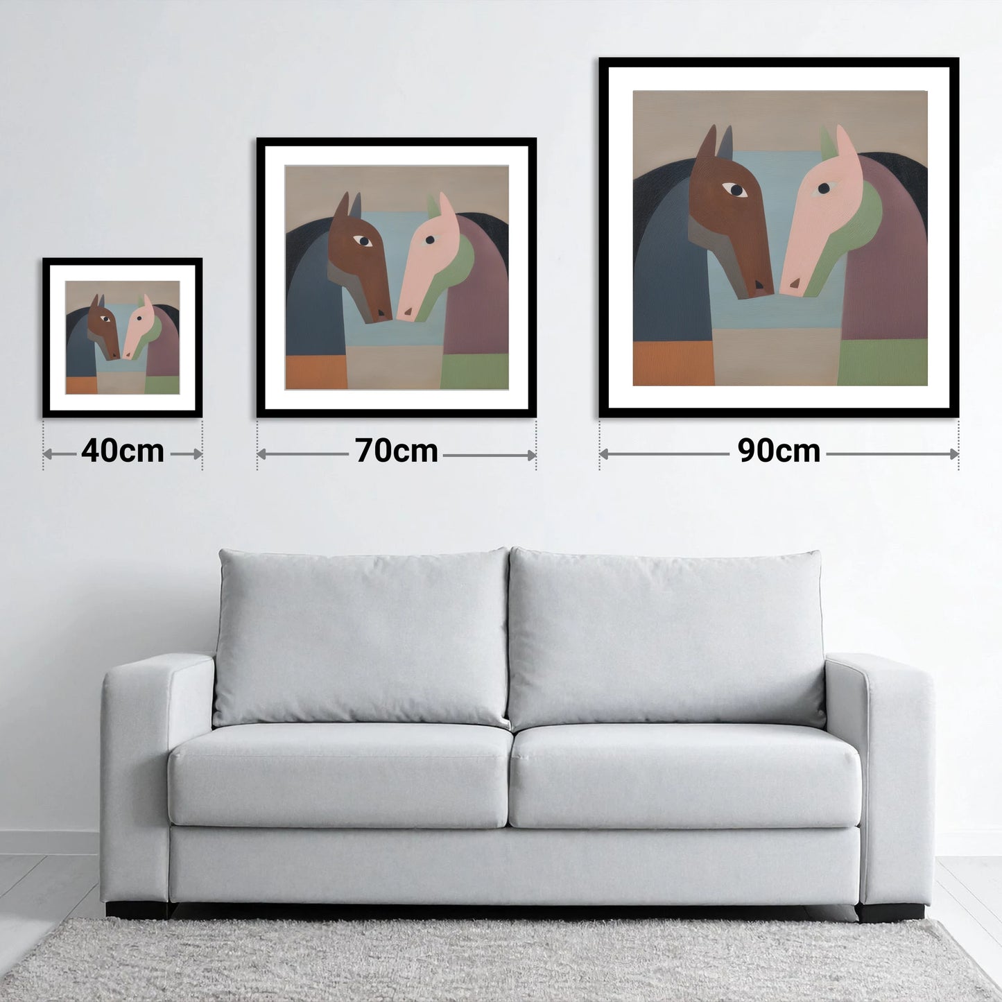 Structured Connection - size guide showing 40cm, 70cm and 90cm art prints