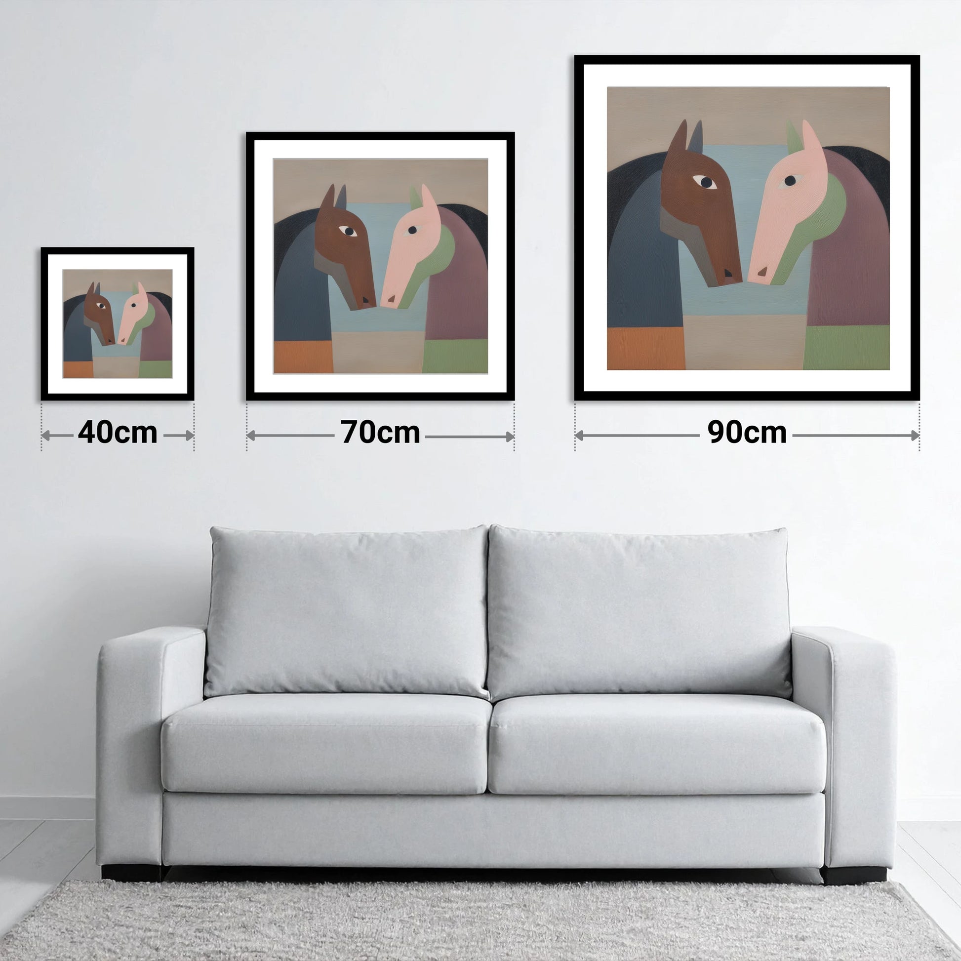 Structured Connection - size guide showing 40cm, 70cm and 90cm art prints