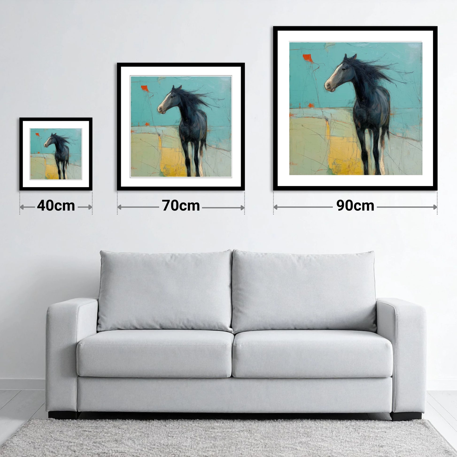 Abstract Windswept Equine - size guide showing 40cm, 70cm and 90cm art prints