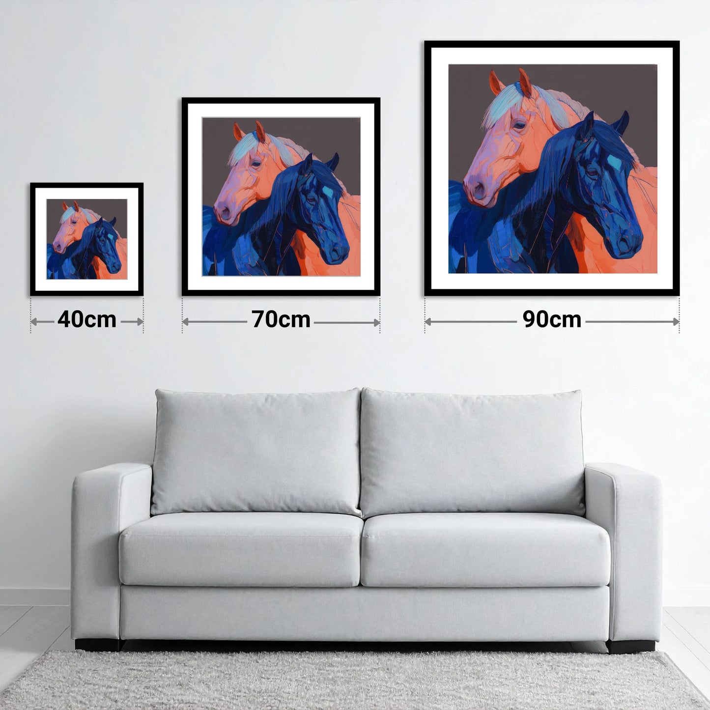 Indigo And Peach Companions - size guide showing 40cm, 70cm and 90cm art prints