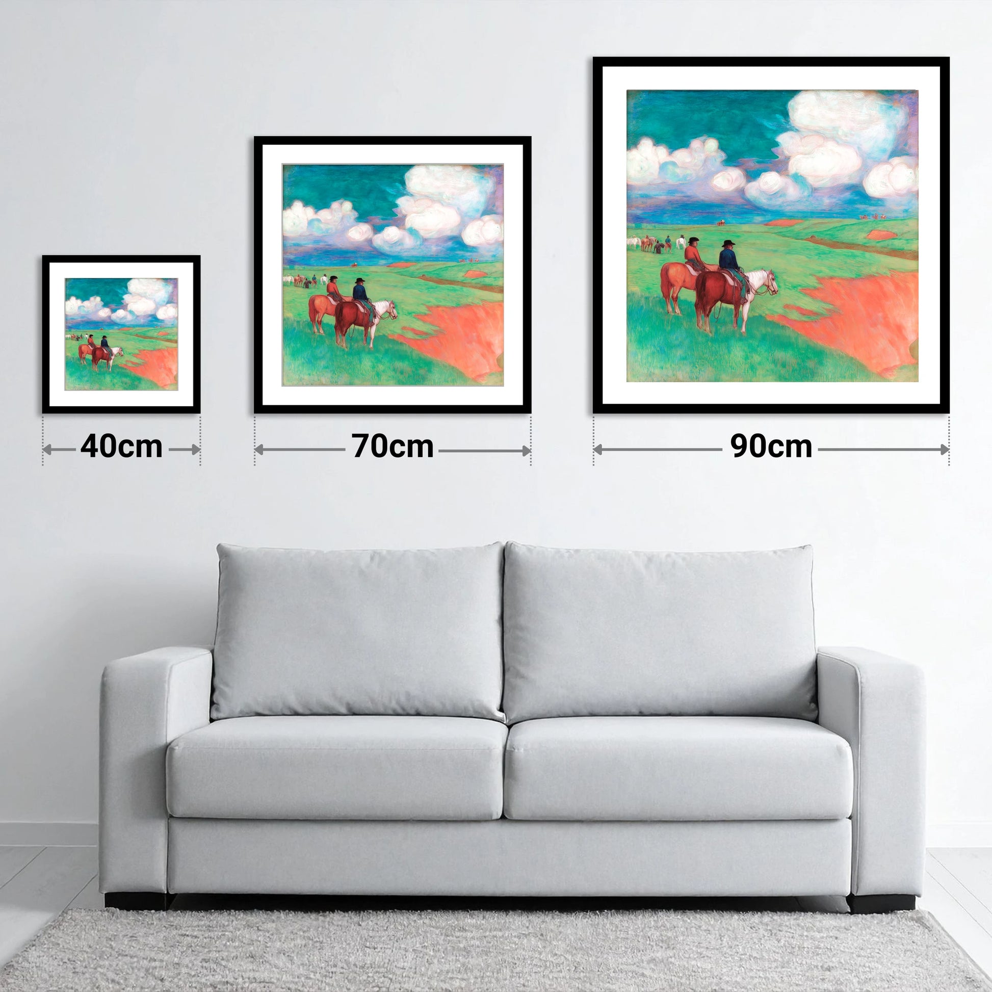 Vivid Frontier Horizons - size guide showing 40cm, 70cm and 90cm art prints