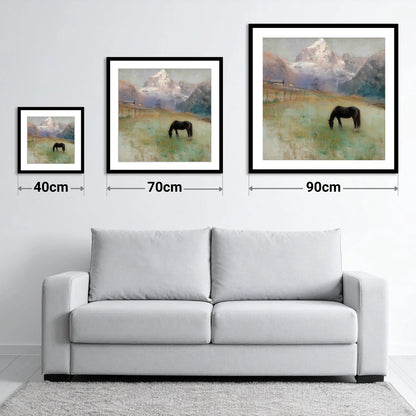 Alpine Pasture Solitude - size guide showing 40cm, 70cm and 90cm art prints