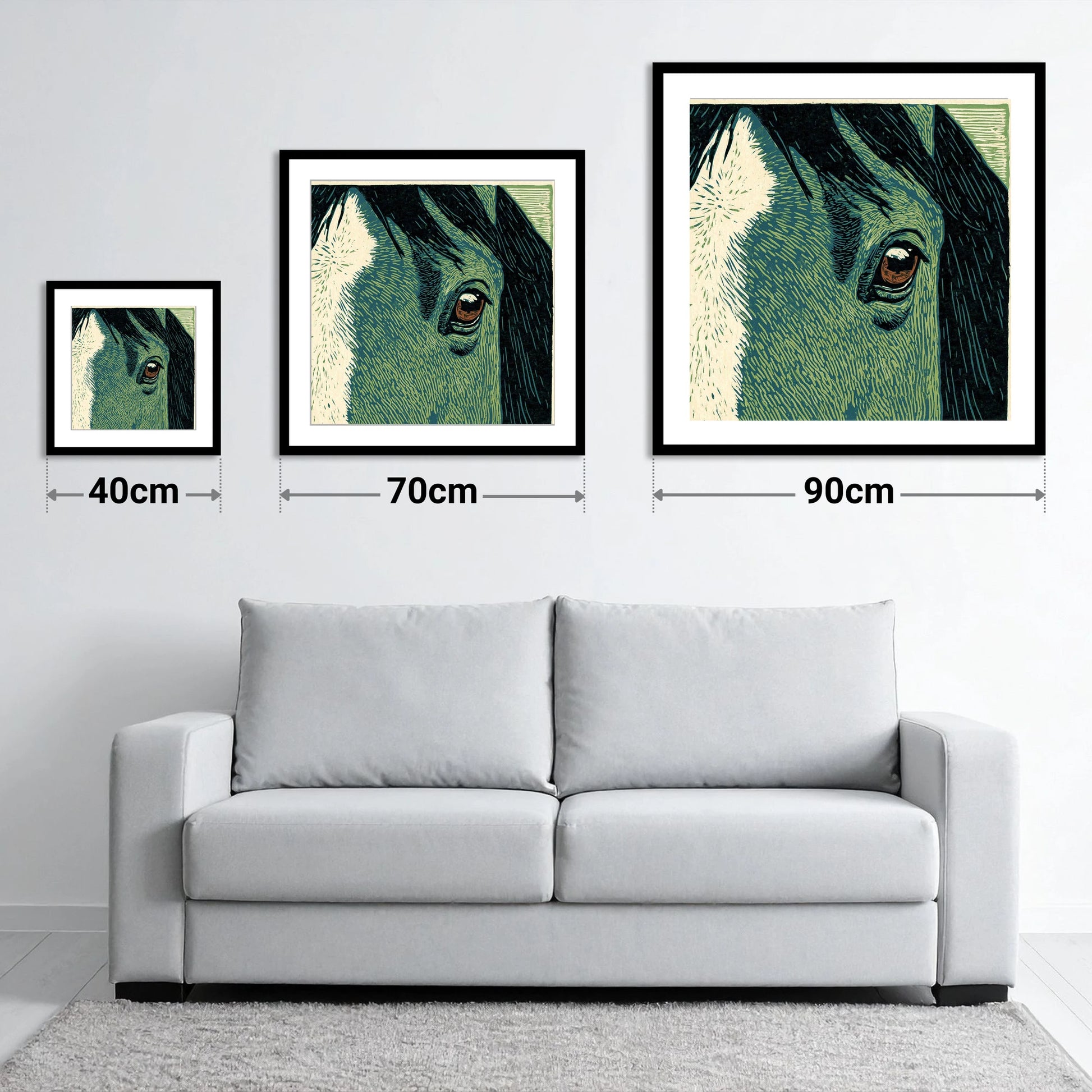 The Watchful Gaze - size guide showing 40cm, 70cm and 90cm art prints