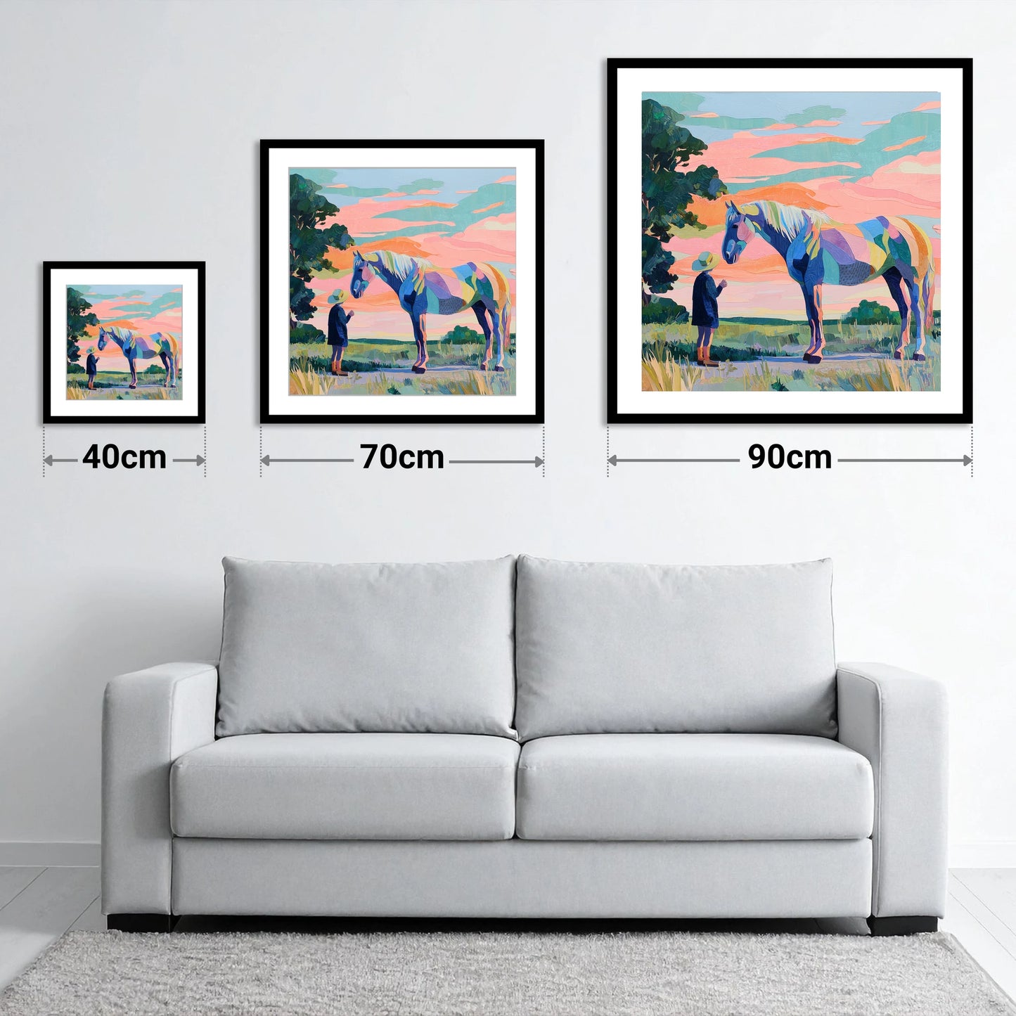 Vivid Connection - size guide showing 40cm, 70cm and 90cm art prints