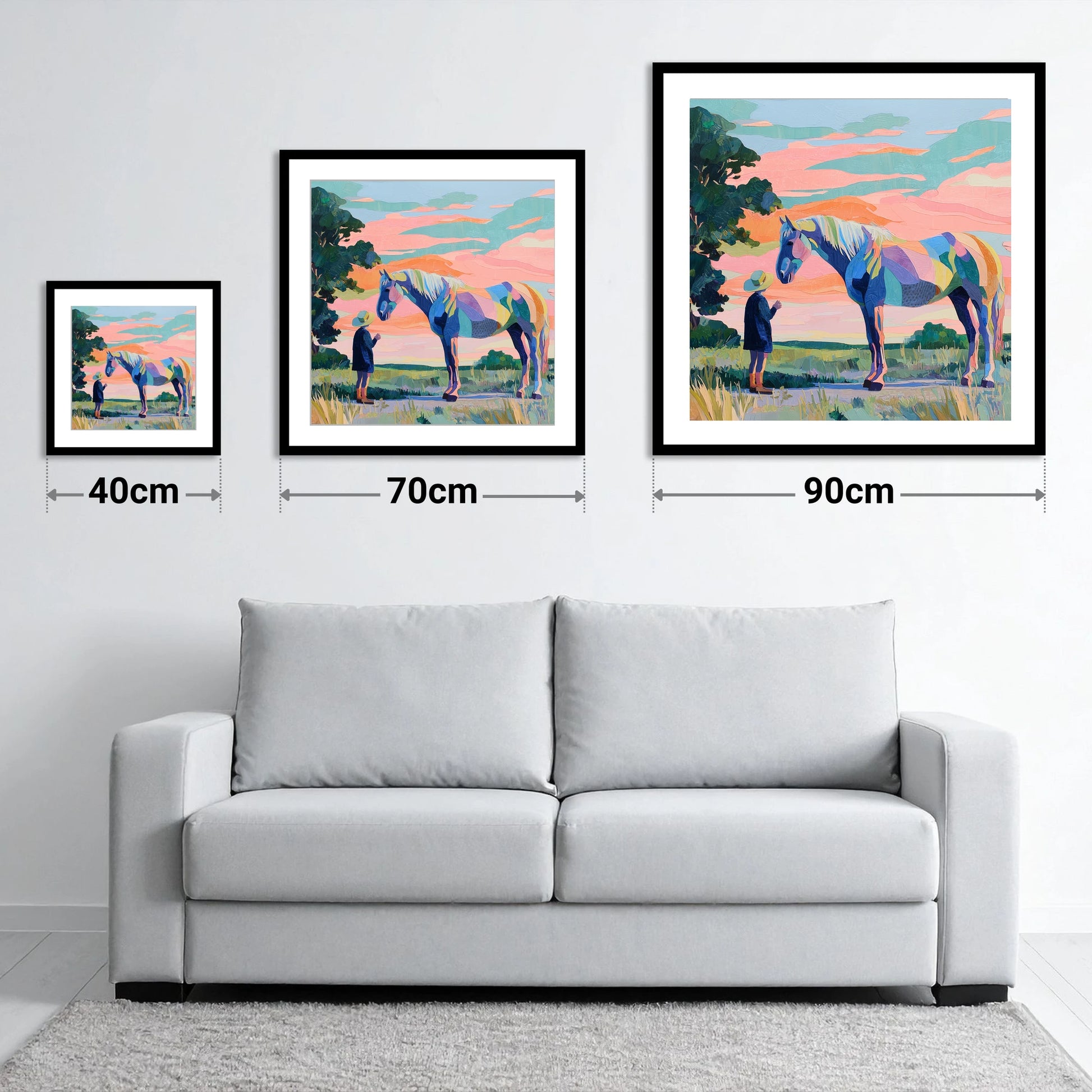 Vivid Connection - size guide showing 40cm, 70cm and 90cm art prints