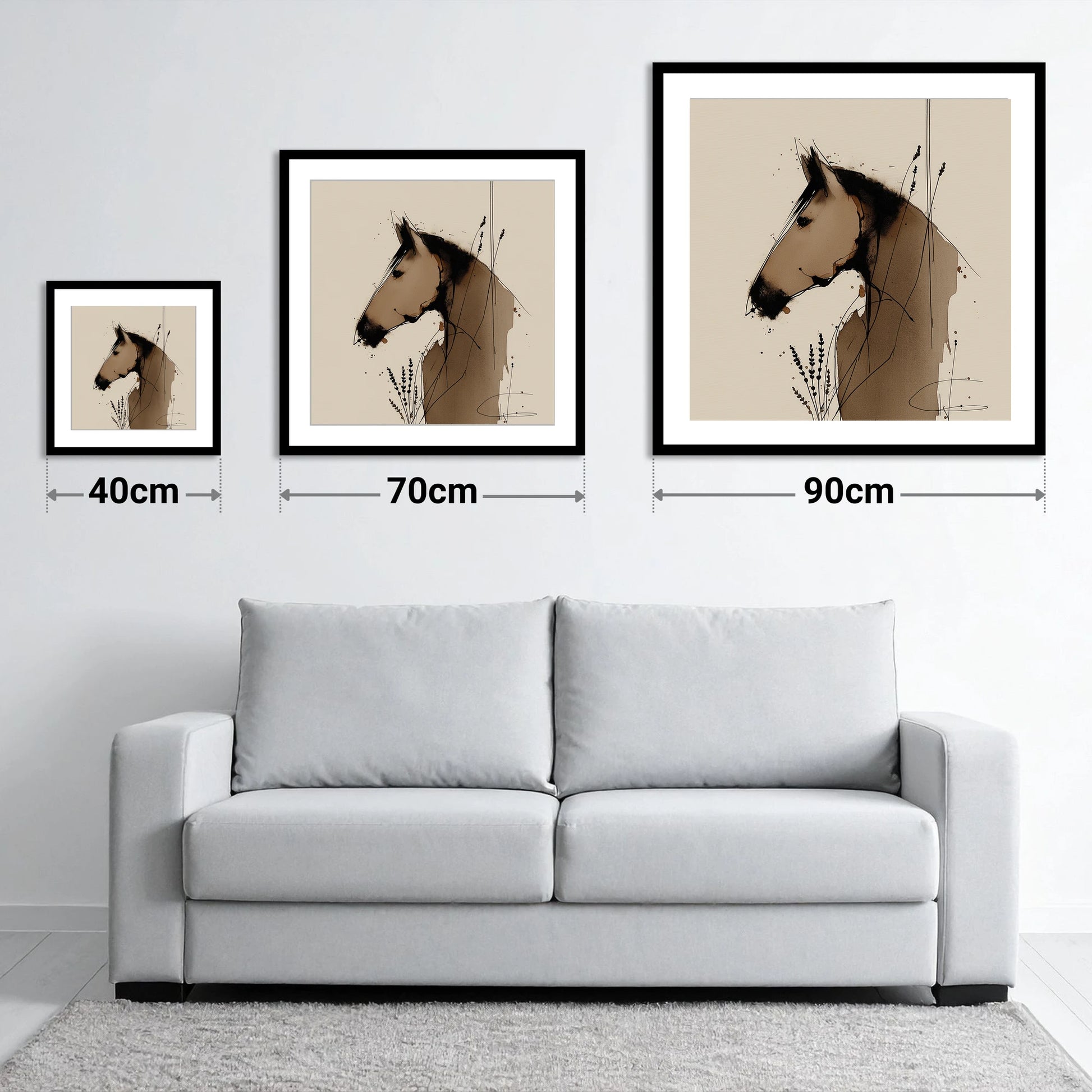 Earthy Equine Silhouette - size guide showing 40cm, 70cm and 90cm art prints