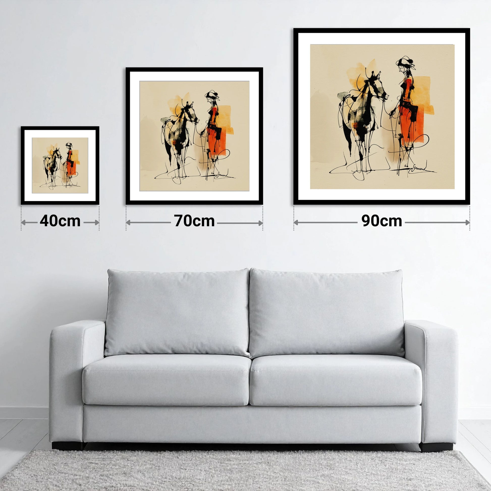 Tethered in Amber - size guide showing 40cm, 70cm and 90cm art prints