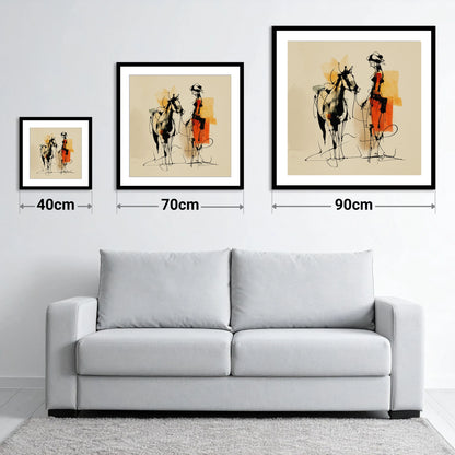 Tethered in Amber - size guide showing 40cm, 70cm and 90cm art prints