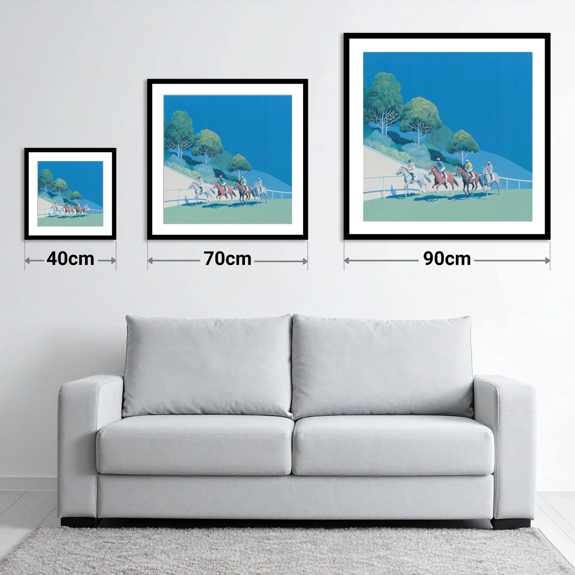 The Cerulean Sprint - size guide showing 40cm, 70cm and 90cm art prints