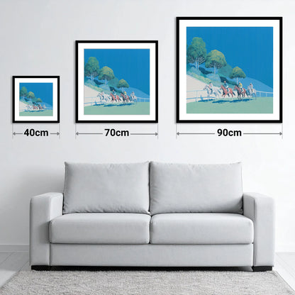 The Cerulean Sprint - size guide showing 40cm, 70cm and 90cm art prints